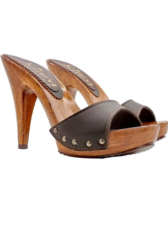 BROWN LEATHER MULES WITH HIGH HEELS