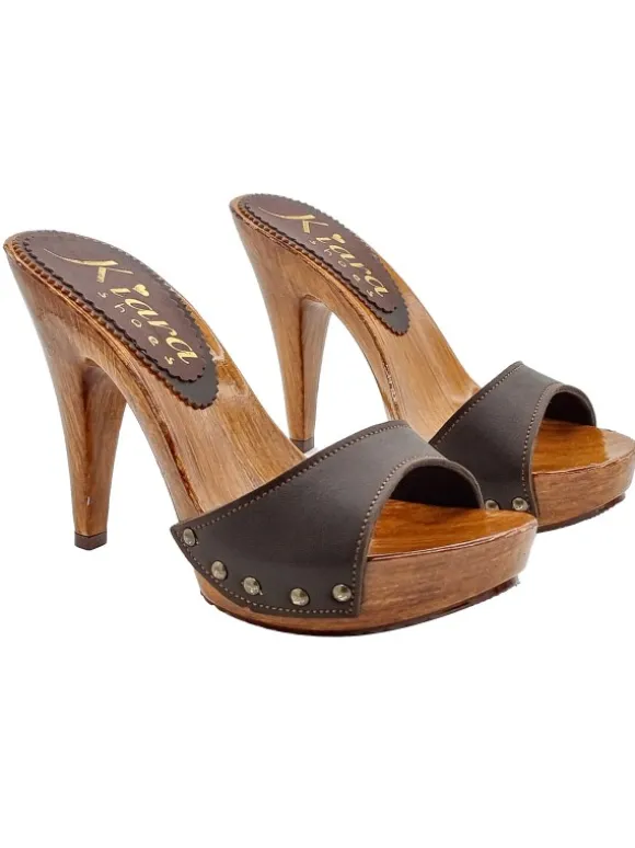 BROWN LEATHER MULES WITH HIGH HEELS