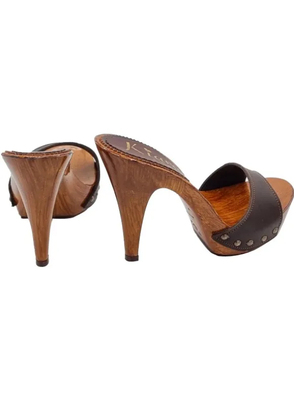 BROWN LEATHER MULES WITH HIGH HEELS