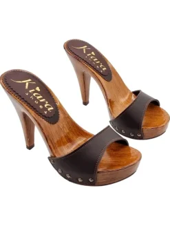 BROWN LEATHER MULES WITH HIGH HEELS