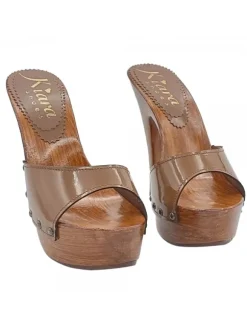 BROWN PATENT LEATHER CLOGS WITH HIGH HEEL