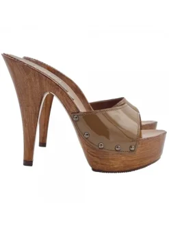 BROWN PATENT LEATHER CLOGS WITH HIGH HEEL