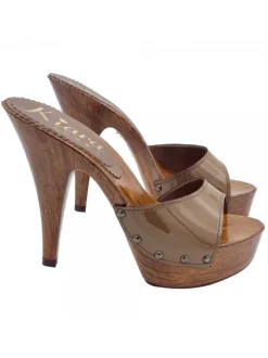 BROWN PATENT LEATHER CLOGS WITH HIGH HEEL