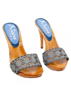 CLOGS IN BLUE LASERED LEATHER AND HIGH HEEL