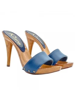 CLOGS IN BLUE LEATHER WITH STILETTO HEEL