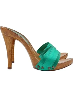 CLOGS IN GREEN SATIN WITH HIGH HEELS