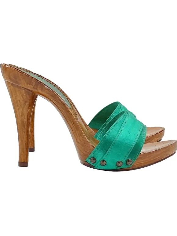 CLOGS IN GREEN SATIN WITH HIGH HEELS