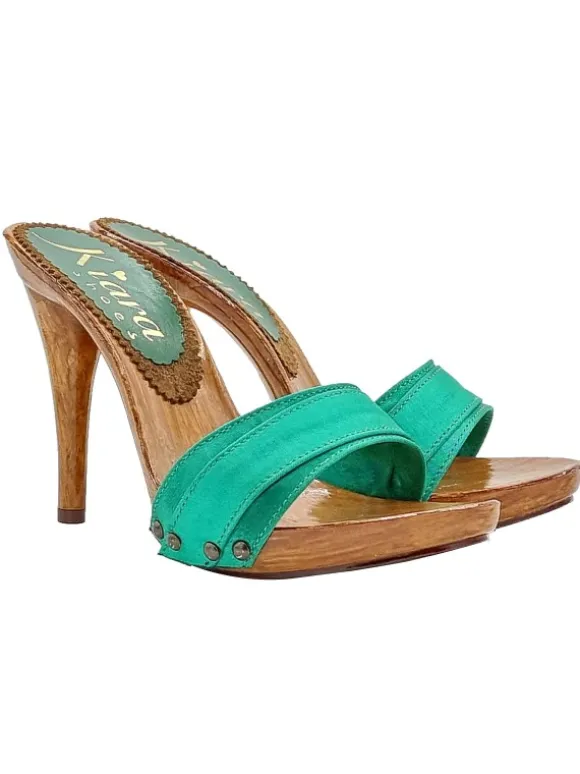 CLOGS IN GREEN SATIN WITH HIGH HEELS