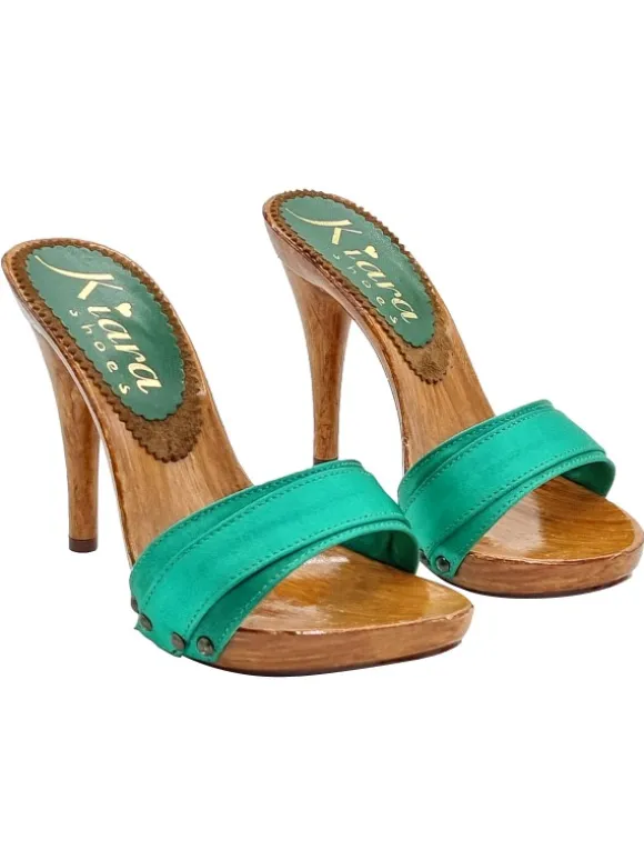 CLOGS IN GREEN SATIN WITH HIGH HEELS