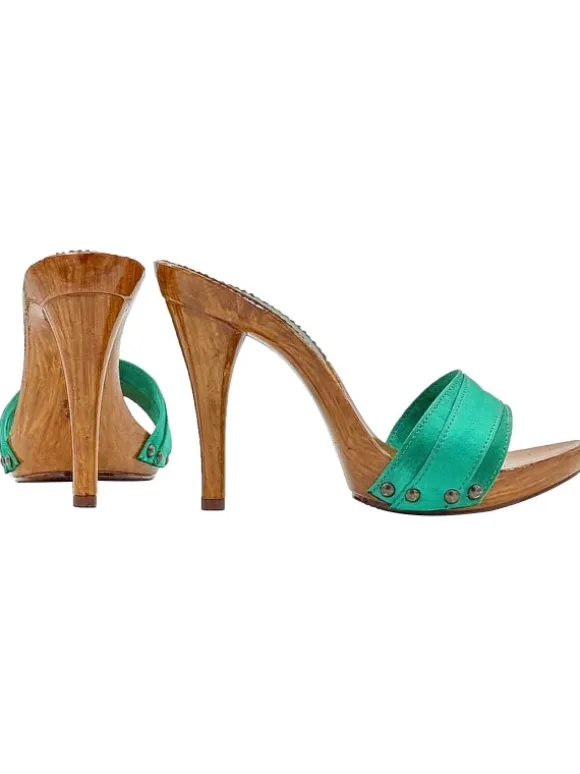 CLOGS IN GREEN SATIN WITH HIGH HEELS