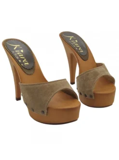 CLOGS IN TAUPE SUEDE AND HEEL 13