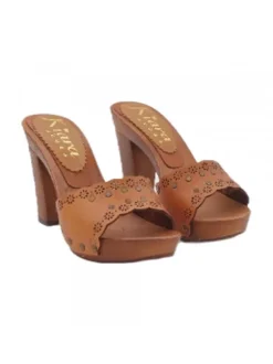 CLOGS WITH 10 CM HIGH WIDE HEEL - LEATHER BAND