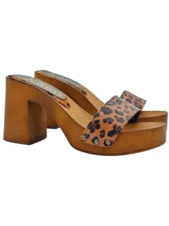 Clogs with animalier print genuine leather band and comfortable heel - K03203 GHEPARDO