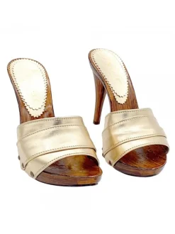 CLOGS WITH GOLD LEATHER BAND AND HIGH HEEL