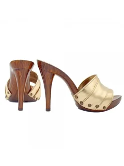 CLOGS WITH GOLD LEATHER BAND AND HIGH HEEL