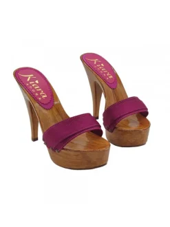 CLOGS WITH PURPLE SATIN BAND AND STILETTO HEEL
