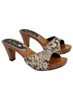 CLOGS WITH "PYTHON EFFECT" BEIGE BAND AND COMFORTABLE HEEL