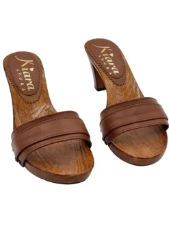 COMFORTABLE BROWN LEATHER CLOGS WITH HEEL 8
