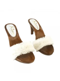 CONFORTABLE FUR HEEL CLOGS WOMAN  WHITE