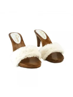 CONFORTABLE FUR HEEL CLOGS WOMAN  WHITE