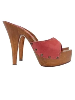 DARK PINK SUEDE CLOGS WITH HIGH HEEL