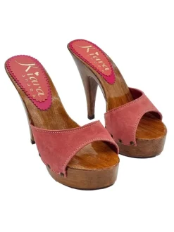 DARK PINK SUEDE CLOGS WITH HIGH HEEL
