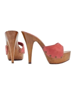 DARK PINK SUEDE CLOGS WITH HIGH HEEL