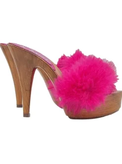 FUCHSIA CLOGS WITH SYNTHETIC FUR AND HIGH HEEL