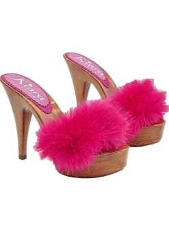 FUCHSIA CLOGS WITH SYNTHETIC FUR AND HIGH HEEL