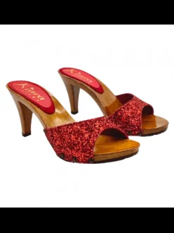 GLITTER CLOGS WITH RED LEATHER BAND