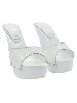 GLOSSY WHITE PATENT MULES WITH HIGH HEEL