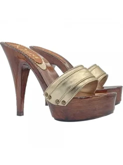 GOLDEN LEATHER CLOGS HEEL 13 CM
