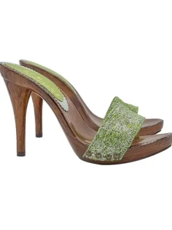 GREEN BRAIDED TWEED CLOGS WITH HIGH HEEL