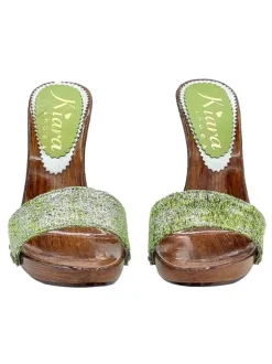 GREEN BRAIDED TWEED CLOGS WITH HIGH HEEL
