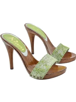 GREEN BRAIDED TWEED CLOGS WITH HIGH HEEL