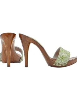GREEN BRAIDED TWEED CLOGS WITH HIGH HEEL