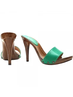 GREEN LEATHER CLOGS HEEL 12 - KM7203