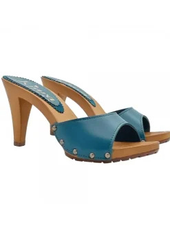 GREEN LEATHER CLOGS WITH HEEL 9