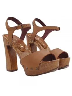 Handcrafted Tan Leather Clogs with High Heel