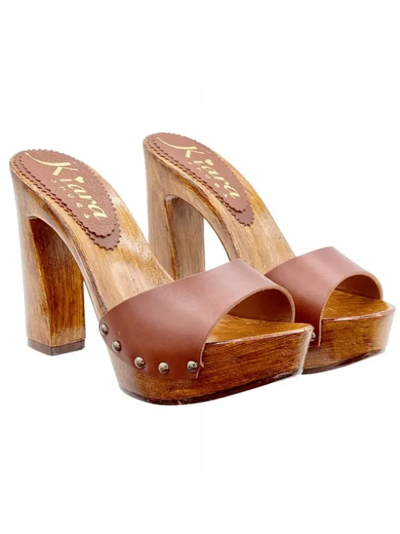 High-Heeled Leather Clogs in Tan Color - Made in Italy