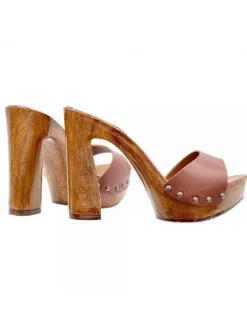 High-Heeled Leather Clogs in Tan Color - Made in Italy