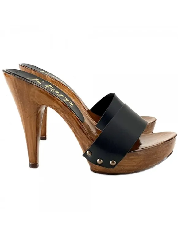 LADY CLOGS BLACK LEATHER HAND MADE