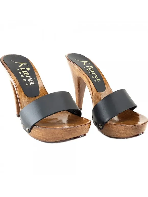 LADY CLOGS BLACK LEATHER HAND MADE
