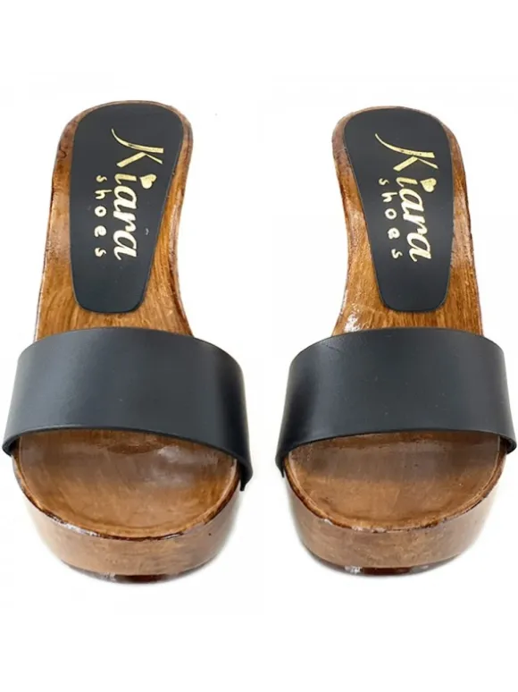 LADY CLOGS BLACK LEATHER HAND MADE