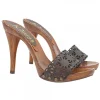 LASERED BROWN LEATHER CLOGS AND HIGH HEEL