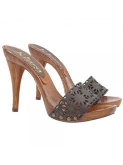 LASERED BROWN LEATHER CLOGS AND HIGH HEEL