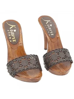 LASERED BROWN LEATHER CLOGS AND HIGH HEEL