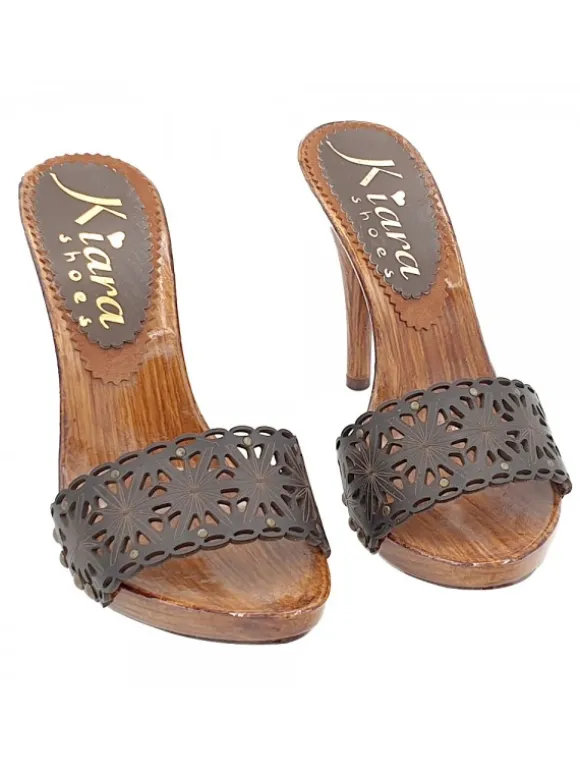 LASERED BROWN LEATHER CLOGS AND HIGH HEEL