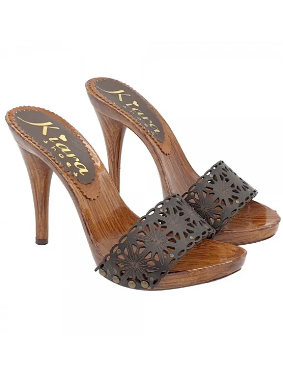 LASERED BROWN LEATHER CLOGS AND HIGH HEEL