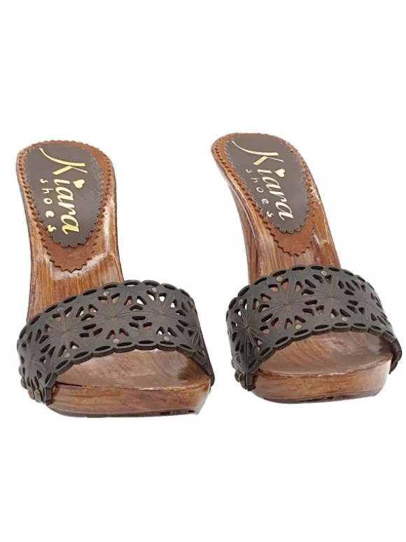 LASERED BROWN LEATHER CLOGS AND HIGH HEEL